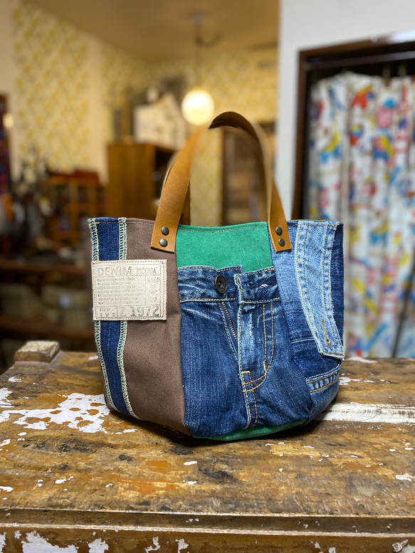 新作♪360度かわいい6面トートバッグ：デニムリメイク×本革持ち手