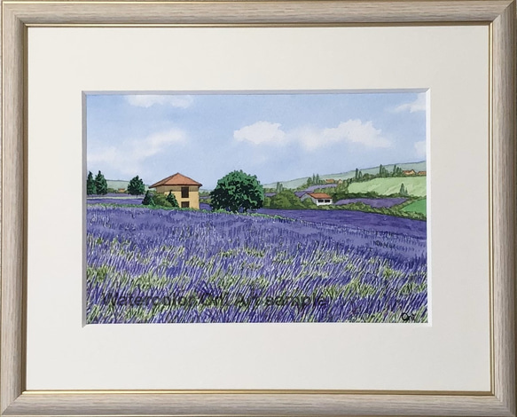ラベンダー畑06」透明水彩画 原画 風景画 額縁付 SMサイズ 絵画 Oni