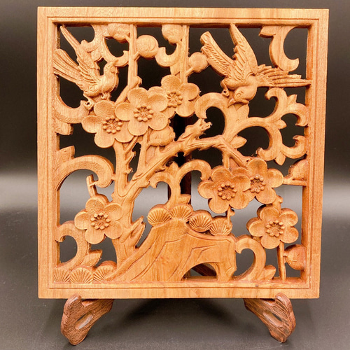 梅にうぐいす】喜上眉梢 25cm参次元彫刻『雅』 透かし彫 楠彫刻 その他