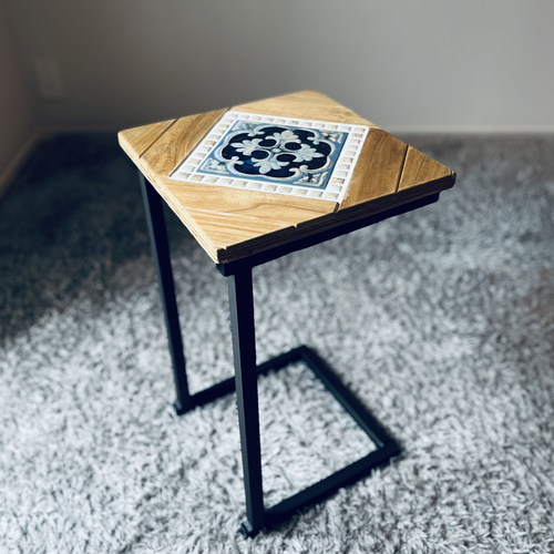 幅30cm角] サイドテーブル レトロ タイルテーブル スチール製 美濃焼き