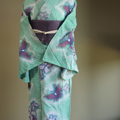 ◇現代 有松鳴海絞 浴衣◇【ミントグリーン】薄羽の蝶が舞う幻想的な