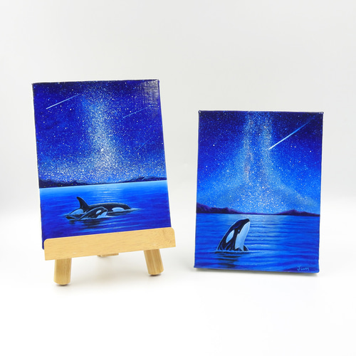 ☆仮縁付き☆アクリル画「星空ウオッチャー～星に願いを～」シャチ