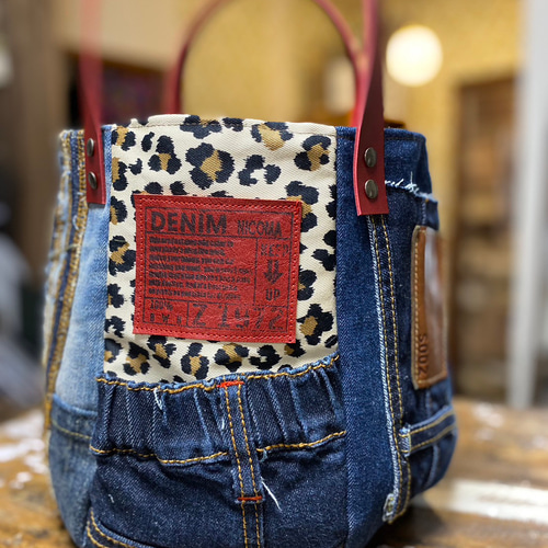 新作♪360度かわいい6面トートバッグ：デニムリメイク×本革持ち手