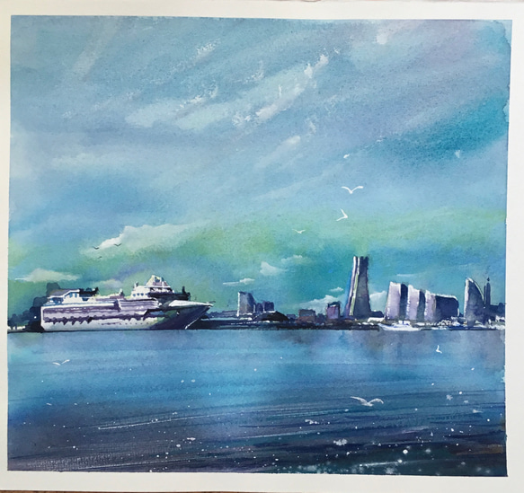 横浜港 横浜 海 豪華客船 船 空 かもめ ランドマークタワー 水彩画