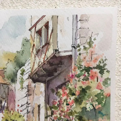 120）原画 南フランスの街並み 水彩画 風景画 絵画 マグリット0125