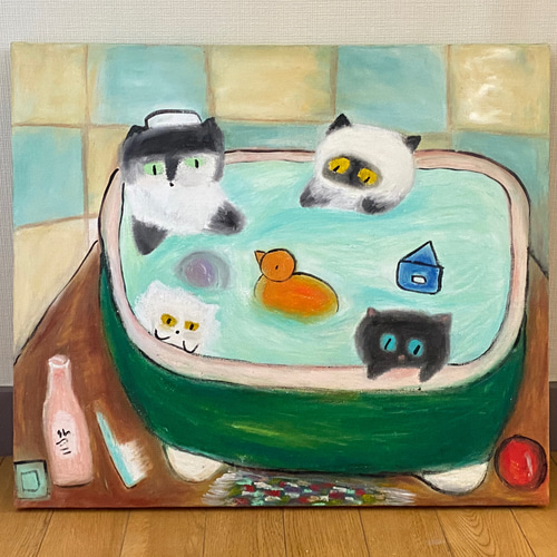 絵画。原画☆キャンバスF10【かわいい猫たちが一緒に香ばしいお風呂に