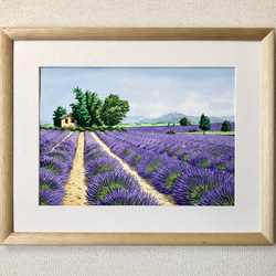 ラベンダー畑07」透明水彩画 原画 風景画 額縁付 F4サイズ 絵画 Oni