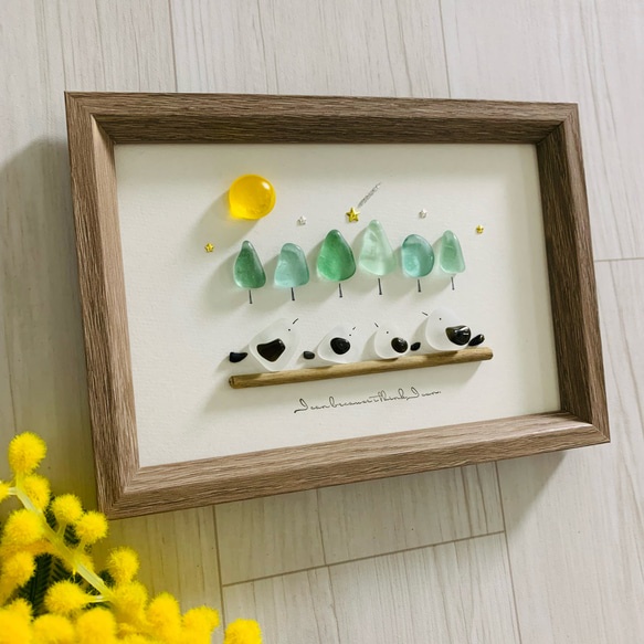 シーグラスアート 北海道 シマエナガ 家族アート 月インテリア雑貨