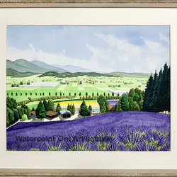 エーゲ海とブーゲンビリア01」透明水彩画 原画 風景画 額縁付 F4サイズ