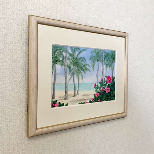 アクリル画 原画 「ハイビスカスの浜辺01」額縁付き SMサイズ 風景画