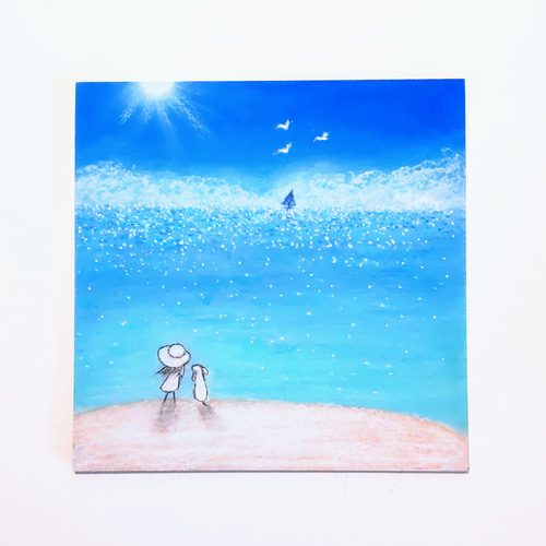 夏！ キラキラ輝く 海 太陽 空 【原画】オイルパステルアート 絵画