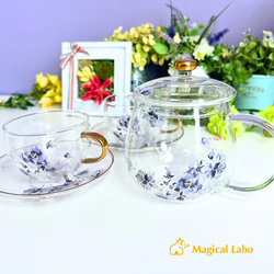 シャビーブルーフラワーの耐熱ガラスティーセット☆耐熱＊3点セット