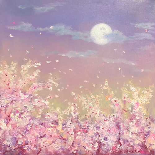 油絵 原画 オリジナル 「桜と月」送料無料 絵画 Masako's Gallery 通販