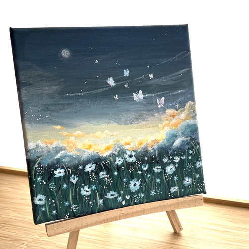 no.03】アクリル画 夜蝶 アート 絵画 風景画 雲 空 月 絵画 あぺart