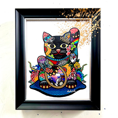 招き猫の絵 手描き原画 「カラフル招き猫」 招き猫 おしゃれな招き猫
