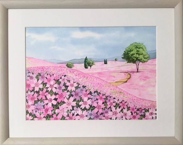 芝桜の丘05」透明水彩画 原画 風景画 額縁付 F4サイズ 絵画 Oni 通販