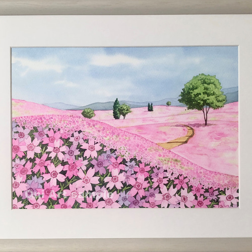 芝桜の丘05」透明水彩画 原画 風景画 額縁付 F4サイズ 絵画 Oni 通販
