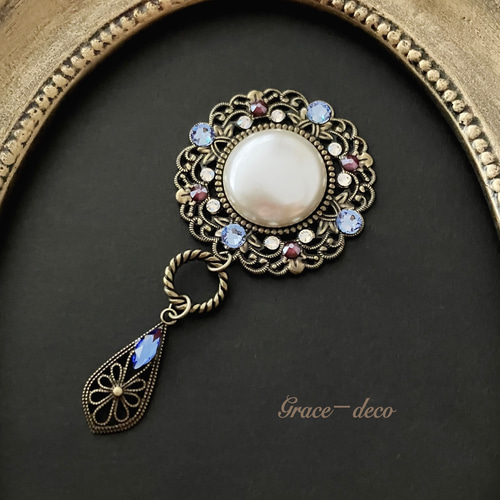 パール×高級クリスタル アンティークカラー レトロ ブローチ 又は