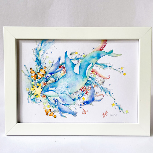 シャチと海の生き物 原画一点ものイラスト A5サイズ イラスト falso