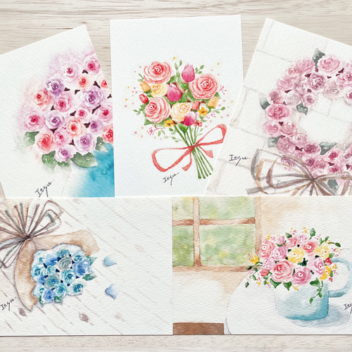 透明水彩画 バラのポストカード5枚セット 花 ばら 薔薇 チューリップ