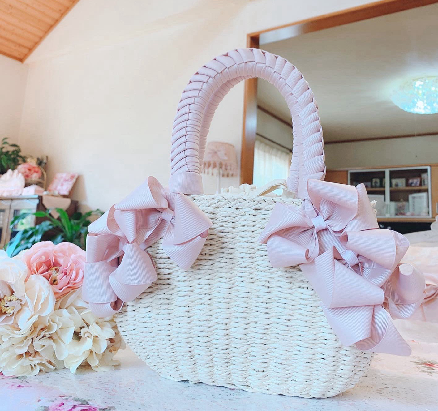 アナトリエ　カゴバッグ　リボン