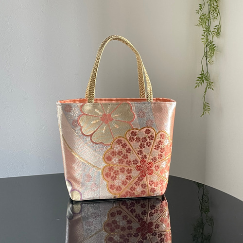 帯リメイクバッグ 佐賀錦 滝に花文様 Mサイズ 和装バッグ トートバッグ