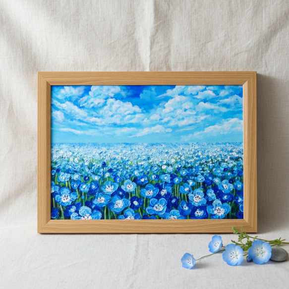 油絵 原画『空と雲のネモフィラ』風景画 花の絵 青空 青い花 一点物