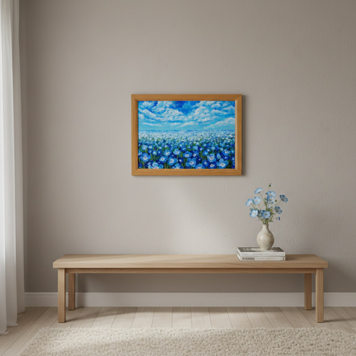 油絵 原画『空と雲のネモフィラ』風景画 花の絵 青空 青い花 一点物