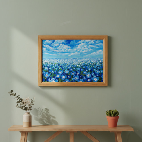 油絵 原画『空と雲のネモフィラ』風景画 花の絵 青空 青い花 一点物