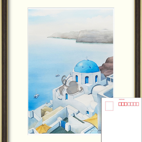絵画 ギリシャ サントリーニ島 エーゲ海と教会 水彩画 原画 絵画 浜野