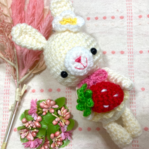 イチゴを持ったオシャレうさぎちゃんの編みぐるみ☆ あみぐるみ Nstar