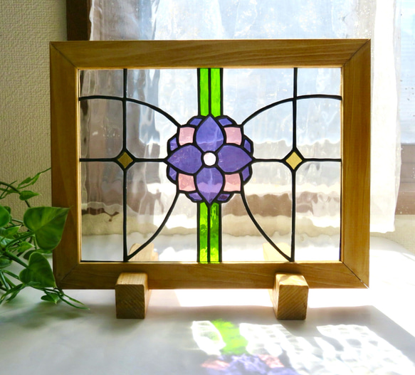 ステンドグラス ＊紫の矢車草の衝立パネル＊ サンキャッチャー プチ