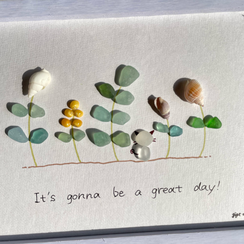 シーグラス 草花 猫 春 シーグラスアート インテリア雑貨 貝殻 壁掛け