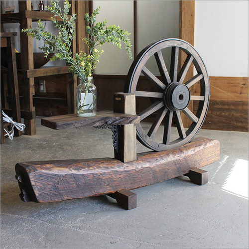 1点モノ 車輪 オブジェ 置物 花台 木製 古材 丸太 和風 アンティーク