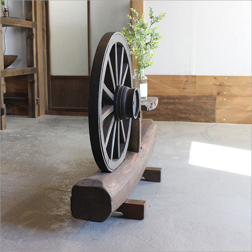 1点モノ 車輪 オブジェ 置物 花台 木製 古材 丸太 和風 アンティーク