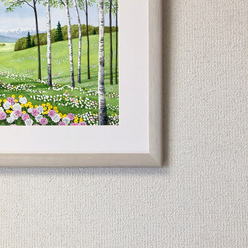 アクリル画 原画 「シロツメクサの咲くフィールド02」額縁付 F3