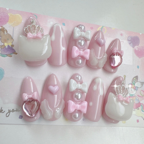 現品】量産型 ゆめかわ 猫 リボン キャラ デコ 3Dパーツ ピンク ネイル