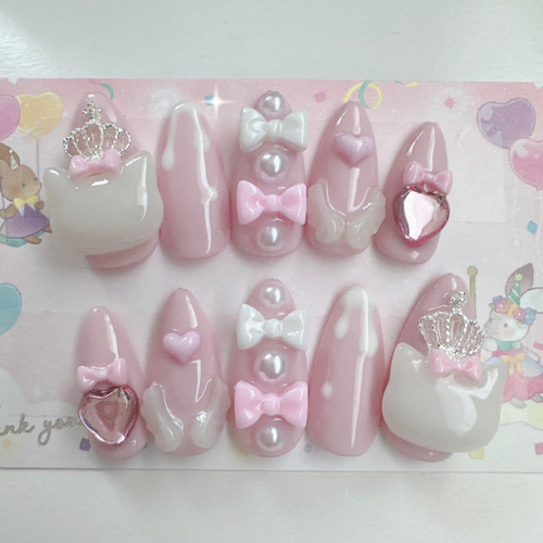 現品】量産型 ゆめかわ 猫 リボン キャラ デコ 3Dパーツ ピンク ネイル