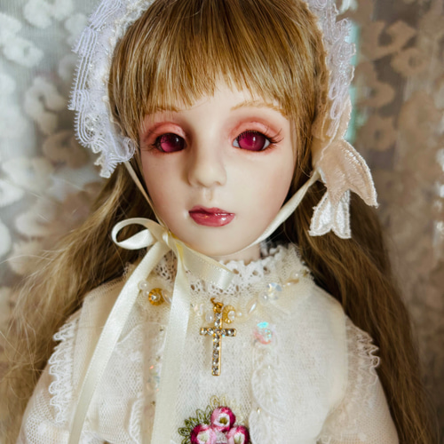 創作ビスクドール人形 白地花柄のロングドレスの女の子 その他人形