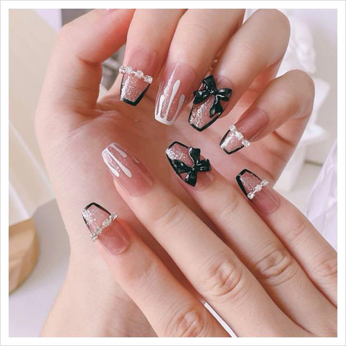 N364》既成ネイルチップ24枚セット 量産型 ラメフレンチ リボン ゆめ