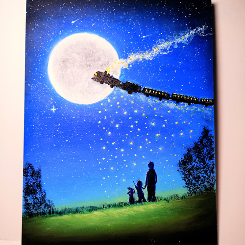 銀河鉄道 ロマンと希望に出会う夜空 【原画】オイルパステルアート