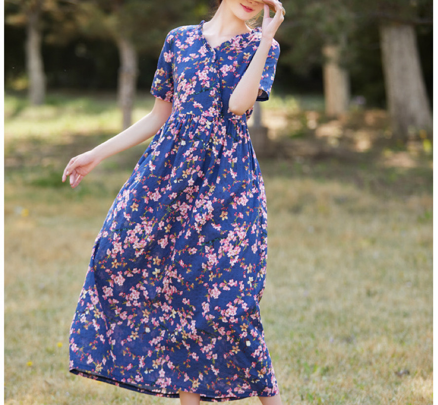大人カジュアル 半袖花柄ワンピース ダークブルー 夏 受注制作