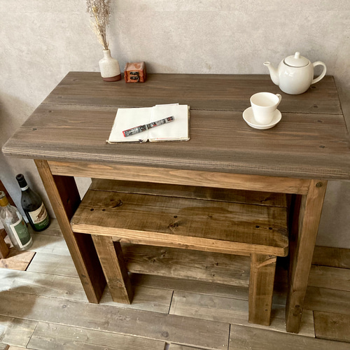 国産杉無垢材】アンティークテーブルとベンチのセット ワークデスク