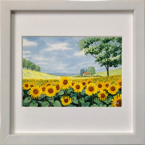 ひまわり畑04」透明水彩画 原画 風景画 額縁付 2Lサイズ 絵画 Oni