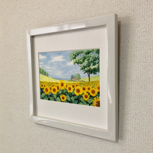 ひまわり畑04」透明水彩画 原画 風景画 額縁付 2Lサイズ 絵画 Oni