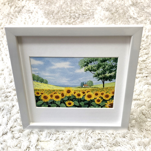 ひまわり畑04」透明水彩画 原画 風景画 額縁付 2Lサイズ 絵画 Oni
