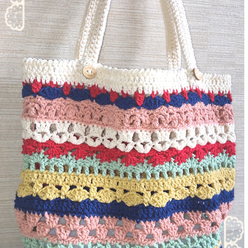 送料込み》気まぐれ編みカラフルコットンバッグ トートバッグ はりえっ