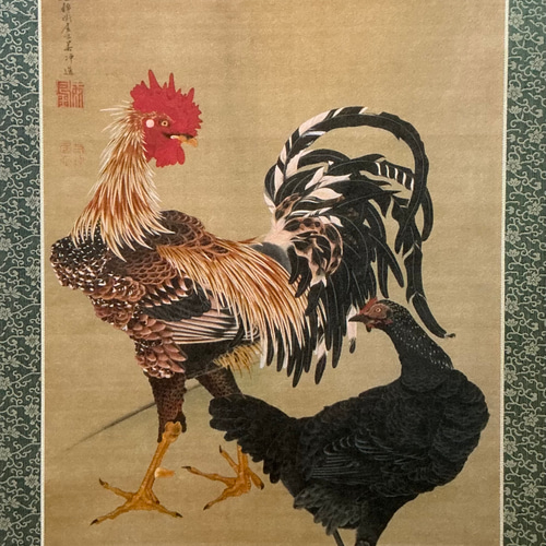 掛け軸 日本の名画 伊藤若冲 大鶏雌雄図 その他インテリア雑貨 表具 月