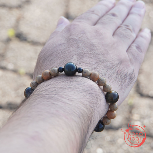 お守り ブレスレット＊天然石 北投石 イエローブルータイガーアイ 楠