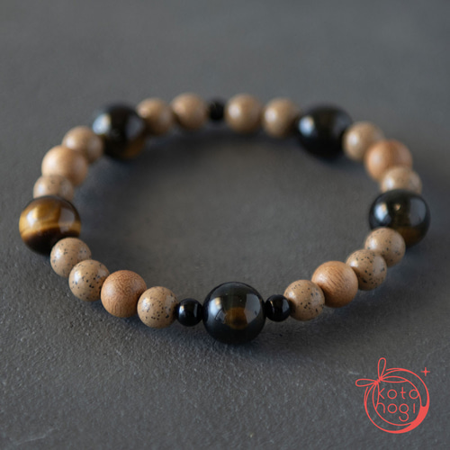 お守り ブレスレット＊天然石 北投石 イエローブルータイガーアイ 楠